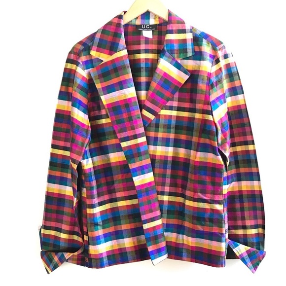 Vintage 90s UC2 Dupioni Silk Plaid Blazer Rainbow